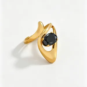 Detailed view of gold stainless steel ring featuring an elegant black oval zircon stone.