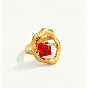 Detailed close-up of a stylish gold-tone irregular ring featuring a sparkling red square zircon stone.