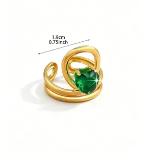 Gold open ring featuring a sparkling green heart zircon stone, elegant detailed jewelry.