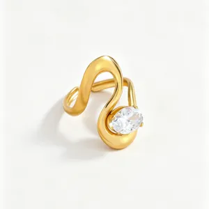 Gold stainless steel open ring detail, elegant S-shaped design with sparkling white zirconia.