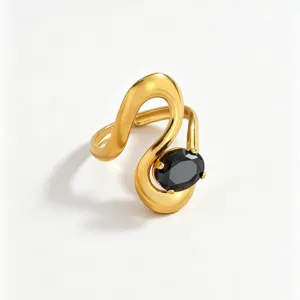 Golden stainless steel wavy open ring for women with a black oval zircon minimalist chic design