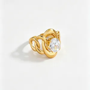 Detailed close-up view of a luxury gold stainless steel ring featuring a brilliant zircon stone.