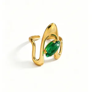 Close-up detail of the elegant gold open ring featuring a sparkling green marquise zircon.