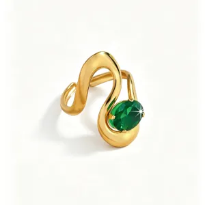 Gold-plated asymmetric ring with green zircon, elegant luxury jewelry for women daily wear