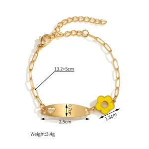 Edelstahl ID Armband mit gelbem Blumenanhänger, gravierbare Platte Damenschmuck.