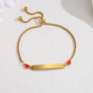 Stainless steel gold curved plate bracelet with red enamel hearts adjustable chain