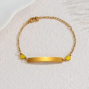 Stainless Steel Gold ID Curved Plate Bracelet with Yellow Enamel Hearts Women Chic Jewelry