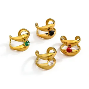 18k Gold Plated Brass Swan Open Ring with Colorful Zirconia Stones Elegant Jewelry