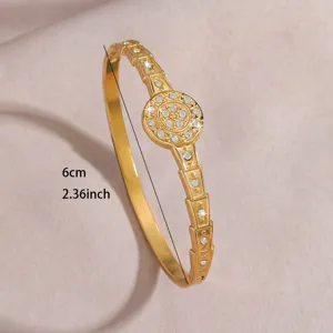 Gold stainless steel rhinestone geometric open bangle bracelet for women, elegant daily wear jewelry.