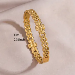 Gold-plated stainless steel clover link bracelet, chic geometric open cuff jewelry.