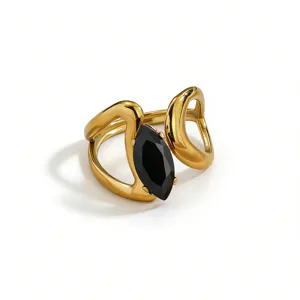 Elegant gold plated brass open ring featuring a marquise cut black zircon stone design.