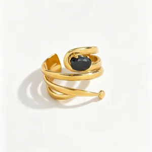 Stainless steel 18k gold plated multi-layer wrap black zircon ring detail view women fashion
