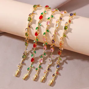 Luxury colorful cubic zirconia vine bracelet, elegant gold plated women fashion jewelry detail.