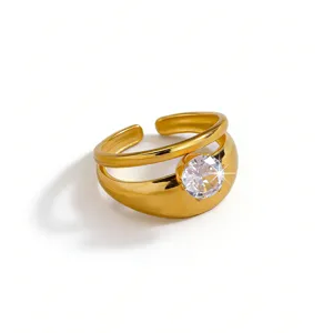 Gold plated brass open ring featuring a sparkling round zircon stone detail for women jewelry.