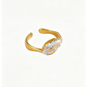 Detailed view of the gold-plated stainless steel open ring featuring a marquise cut cubic zirconia.