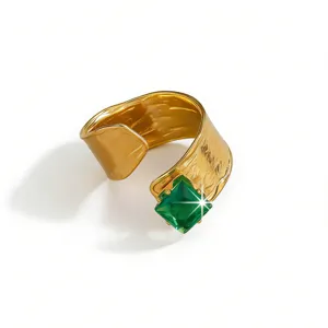 Wide open brass ring with 18k gold plating and square green zircon gemstone detail