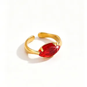 Exquisite 18K gold-plated stainless steel marquise red zircon open ring detail view.