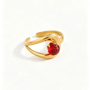 Elegant 18k gold plated open ring with sparkling red cubic zirconia, chic design for daily wear.