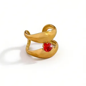 Chunky gold-plated open ring featuring a sparkling red heart-shaped gemstone for women.