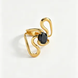 18k gold plated stainless steel ring featuring unique wavy design and black cubic zirconia.