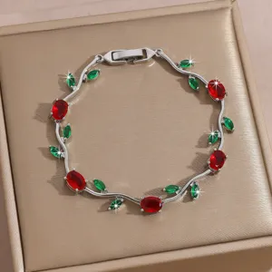 Elegant silver-tone red green cubic zirconia vine bracelet for women charming jewelry gift
