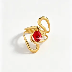 18k gold plated stainless steel ring for women, chic swirl design with red zircon.