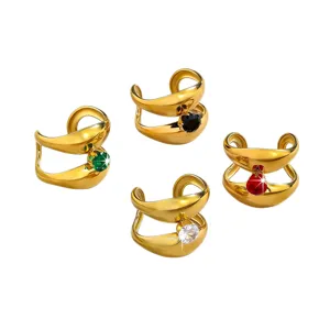 Gold-plated brass double-band cubic zirconia rings and ear cuffs set, elegant multi-color.