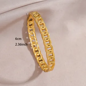 Gold plated stainless steel open bangle bracelet with stylish geometric chain link design for women.