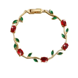 Luxury gold plated red zircon flower vine bracelet, elegant women's jewelry fashion accessory.