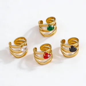 Multi-layer stainless steel gold plated rings with colorful zircon stones, adjustable open design.