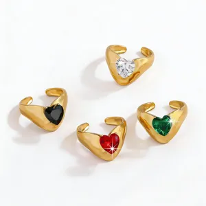 Stainless steel gold plated heart zircon open ring set detail view with multi-color stones.