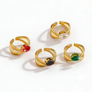 Stainless steel gold-plated adjustable ring featuring sparkling colorful zircon stones for women.
