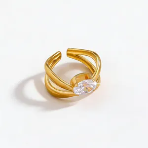 Elegant gold plated stainless steel open ring featuring sparkling oval cut zircon stone.