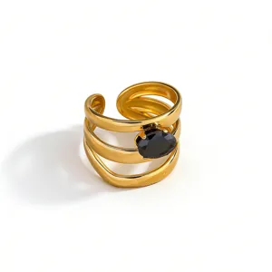 Elegant Gold Plated Stainless Steel Open Ring Featuring Black Zirconia Fashion Jewelry
