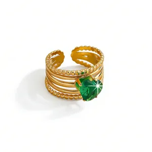 Gold Plated Stainless Steel Green Cubic Zirconia Heart Ring Adjustable Fashion Jewelry