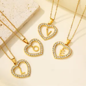 Edelstahl Buchstabe Anhänger Halskette Herz Strass Vergoldet Initiale Kragenkette Mode Schmuck Geschenk für Damen