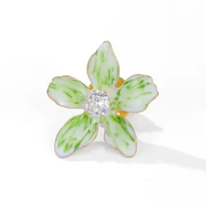 Gradient Enamel Flower Brooch Stainless Steel Rhinestone Pin Trendy Floral Jewelry Accessory