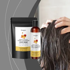 Gros plan sur le kit de shampoing et trempage au vinaigre de cidre pour les soins.