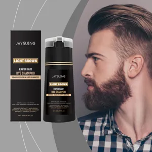 Jaysuing hellbraunes schnelles Haarfärbe-Shampoo Detailansicht mit Flasche, Schachtel und Model.