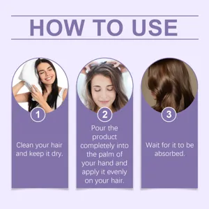 Guide d'utilisation de l'huile capillaire avec étapes de nettoyage, d'application et d'absorption.
