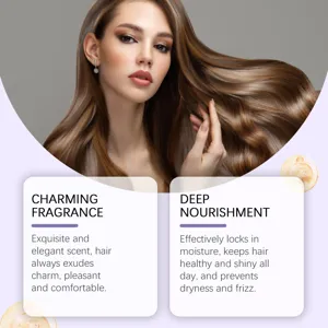 Détail d'huile capillaire montrant un parfum charmant, un soin nourrissant et soieux.