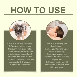 HOEGOA rosemary hair care instruction detail graphic showing proper shampoo usage steps.