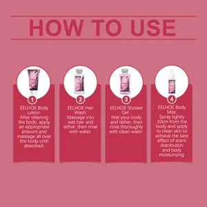 EELHOE 4-delige huidverzorging reisset met bodylotion, haarwasmiddel, douchegel en bodyspray.