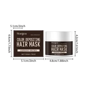 Detaillierte Ansicht der Hoegoa Haarmaske in Dunkelbraun mit Produktabmessungen.