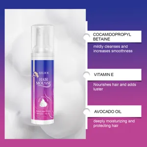 Detail view of EELHOE hair mousse bottle showcasing nourishing ingredients and foam texture.