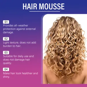 Hair styling mousse detail showing voluminous golden curls and daily protection.