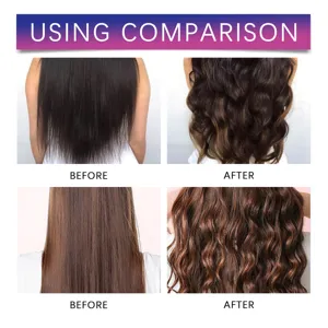 Hair styling mousse before and after comparison showing fluffy volume and texture results.