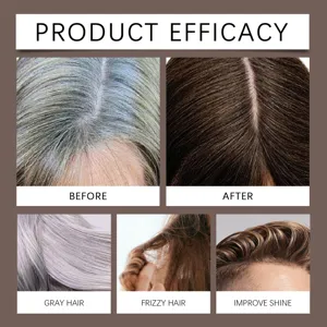 Wirksamkeitsanzeige für dunkelbraune Haarfärbemittel mit Vorher-Nachher-Haarfarbenergebnissen.