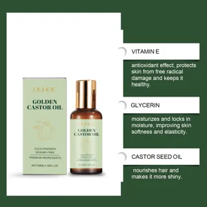 Détail du flacon roll-on d'huile de ricin dorée OUHOE avec vitamine E et soin des cheveux.