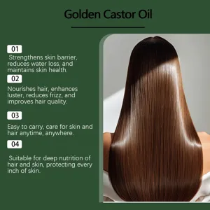 Vue détaillée d'huile de ricin dorée favorisant la nutrition profonde des cheveux.